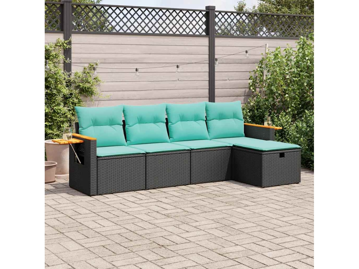 Vidaxl 5 Pcs Conjunto Sofás De Jardim Com Almofadões Vime Pe Preto