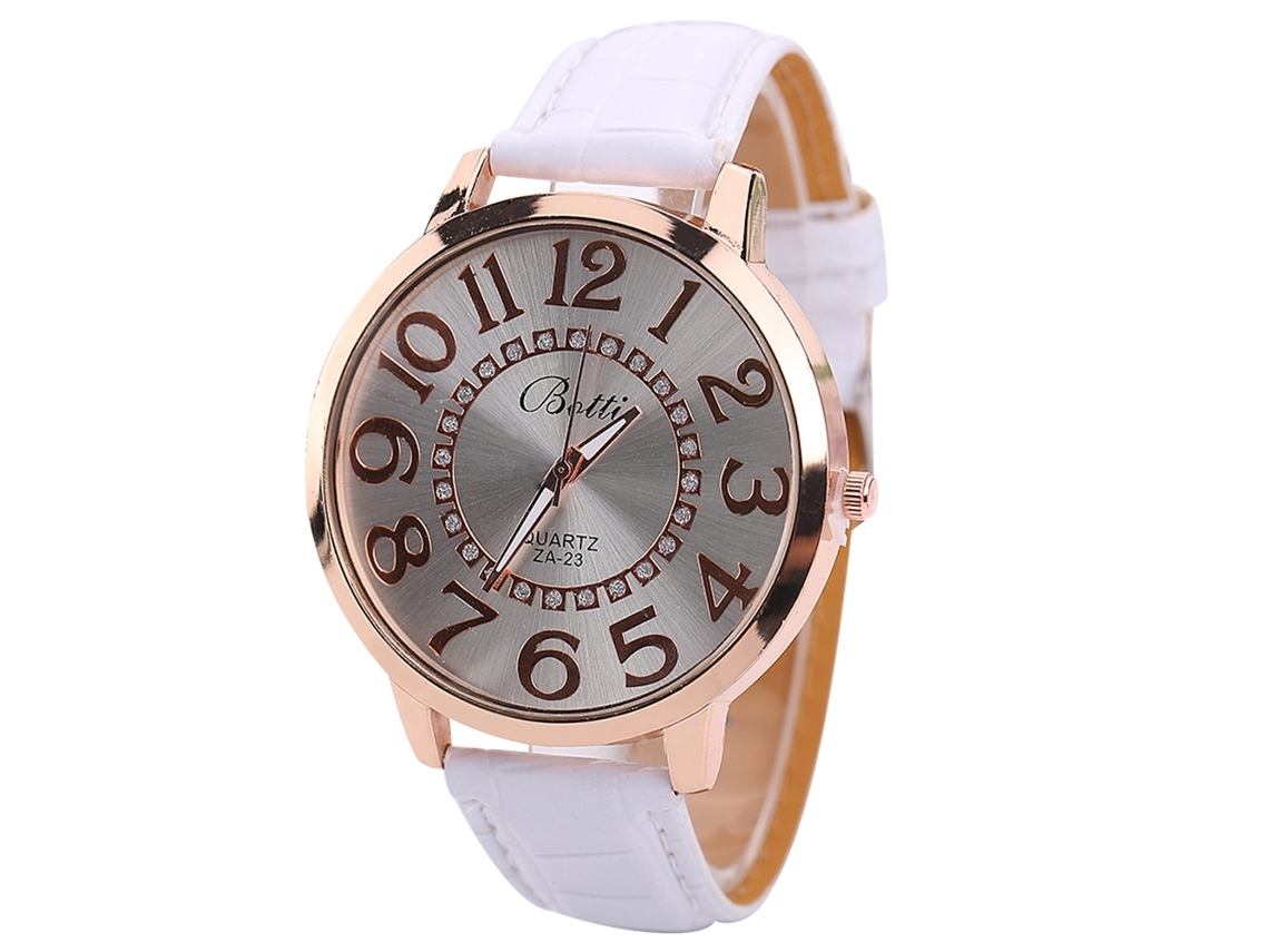 Relógio de Pulso Feminino com Números Árabes Grandes Pulseira Pu Quartzo Branco