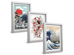 Pinturas Murais Modernasmontanhas, Peixes, Grande Onda, Japão Moldura Prateada Fotos Para O Corredor Espelharte (3 Peças 20x30 Cm)