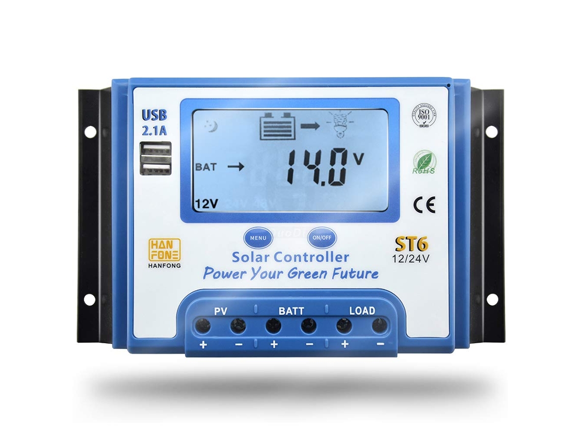 Controlador De Carga Solar 30a Regulador De Carga Solar 12v/24v Com Display Lcd E Duas Portas Usb Para Painéis Solares St6 30a Zeuxo