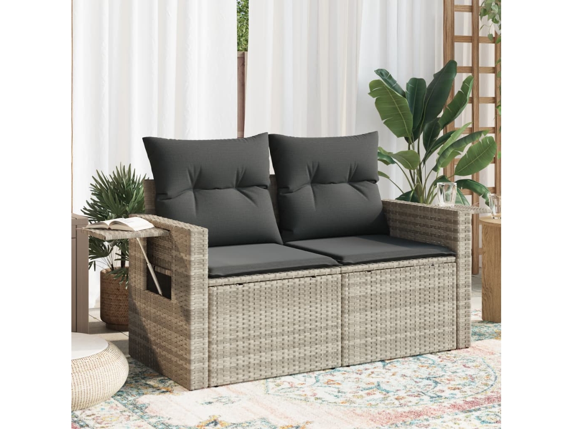 Vidaxl Sofá Jardim De 2 Lugares Com Almofadões Vime Pe Cinzento Claro