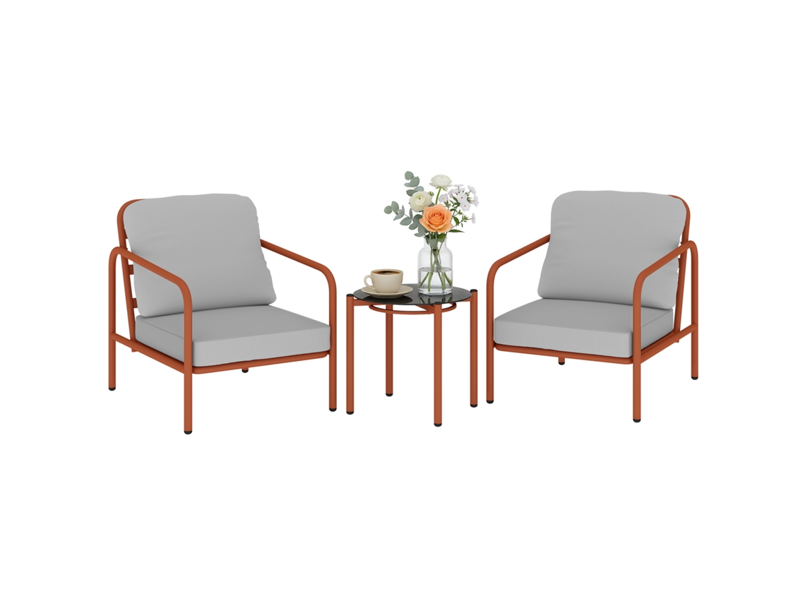 Conjunto Móveis Jardim 3 Peças com 2 Poltronas, Mesa Centro Vidro Temperado e Almofadas Grossas 63x77x76cm Vermelho Vinho PROFESIA BOYANG