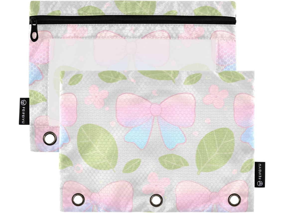 Pastas De Desenho Animado Com Laço Rosa E Folhas Verdes Fichário Janela Transparente, Estojos Grandes Lápis