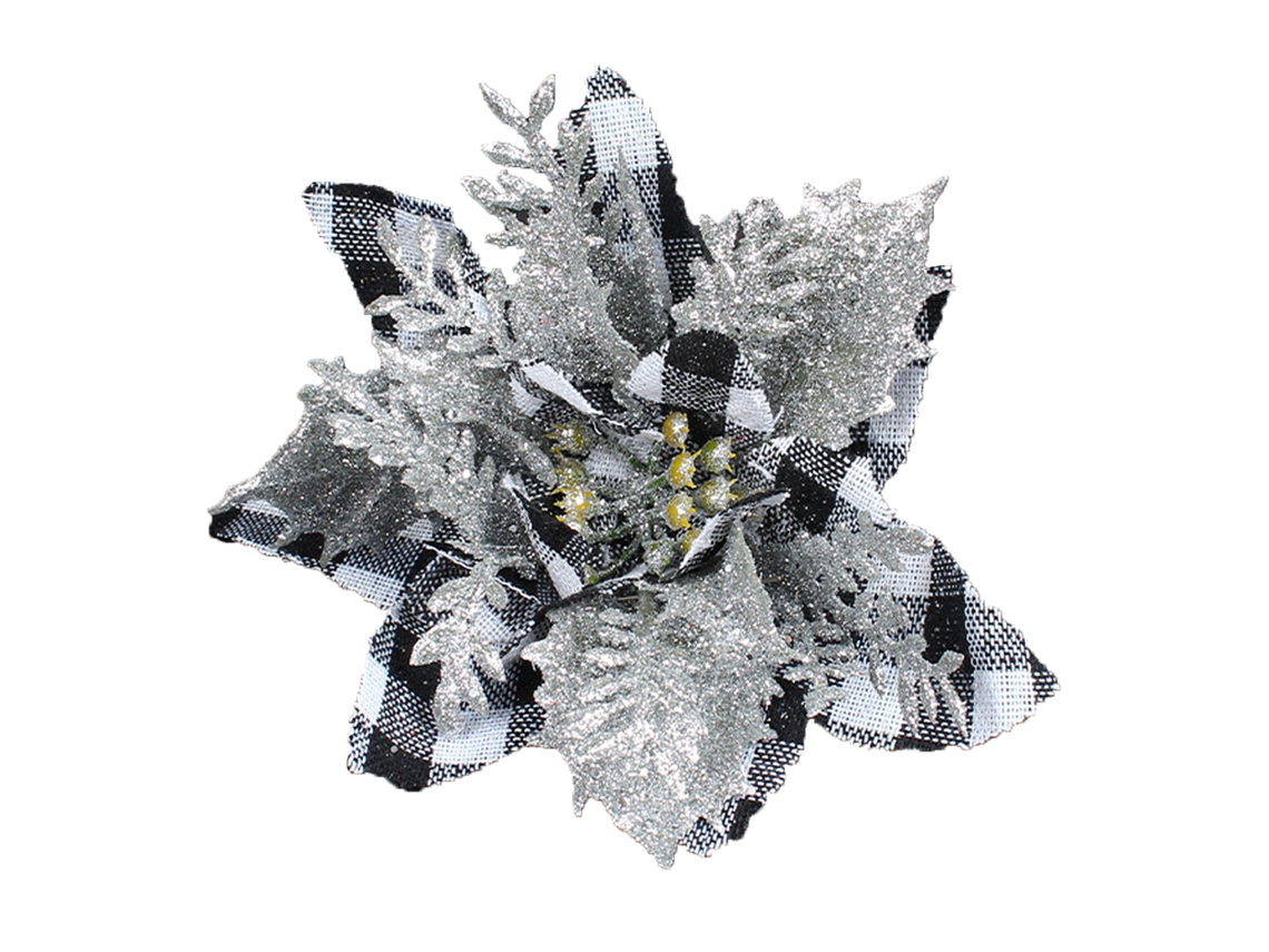 Flor Artificial Natal Branco e Preto com Padrão Vichy para Decoração Festiva LAXISCREED