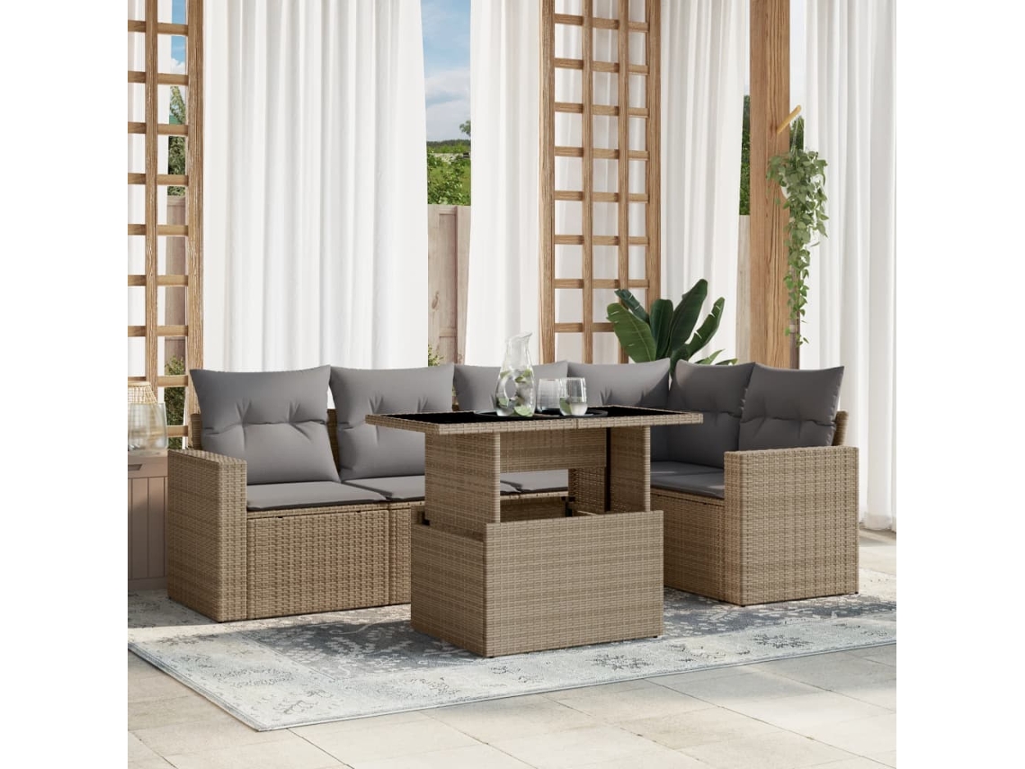 Vidaxl 6 Pcs Conjunto De Sofás P/ Jardim Com Almofadões Vime Pe Bege