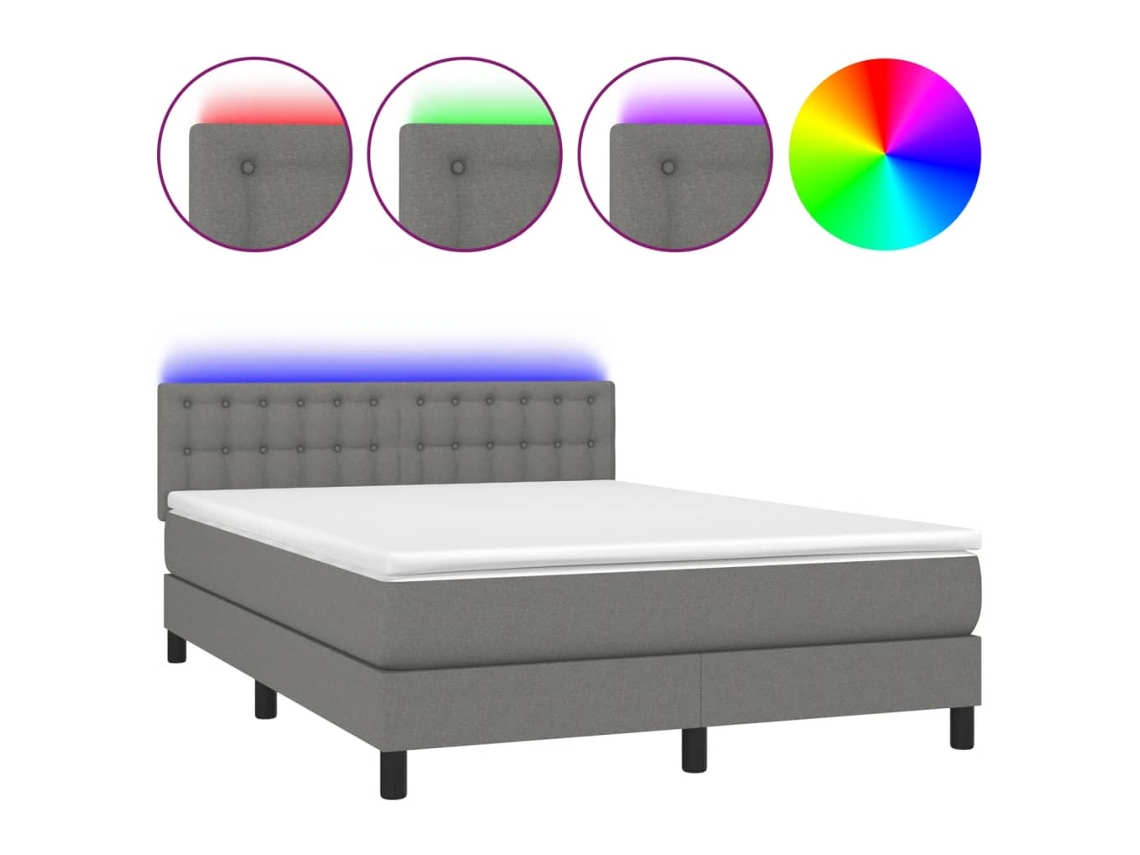 Cama Box Spring com Colchão e Led Tecido Cinza Escuro MAISON EXCLUSIVE (140x190 cm)