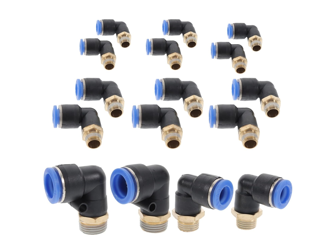 Conjunto de 16 peças de conexão pneumática de engate rápido em cobre e plástico.