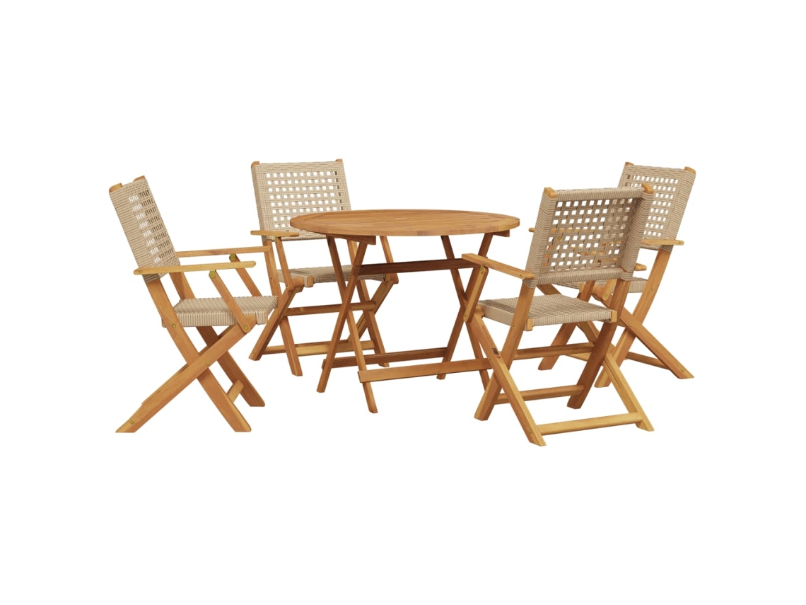 Conjunto 5 de jantar p/ jardim VIDAXL vime PE/ madeira maciça bege