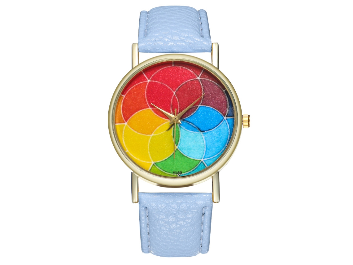 Relógio de quartzo unissex casual e moderno com pulseira de couro azul claro.
