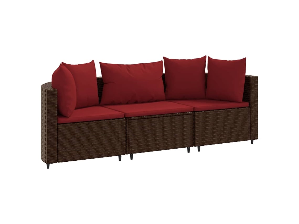 Conjunto 3 sofás de jardim com almofadões VIDAXL vime PE castanho
