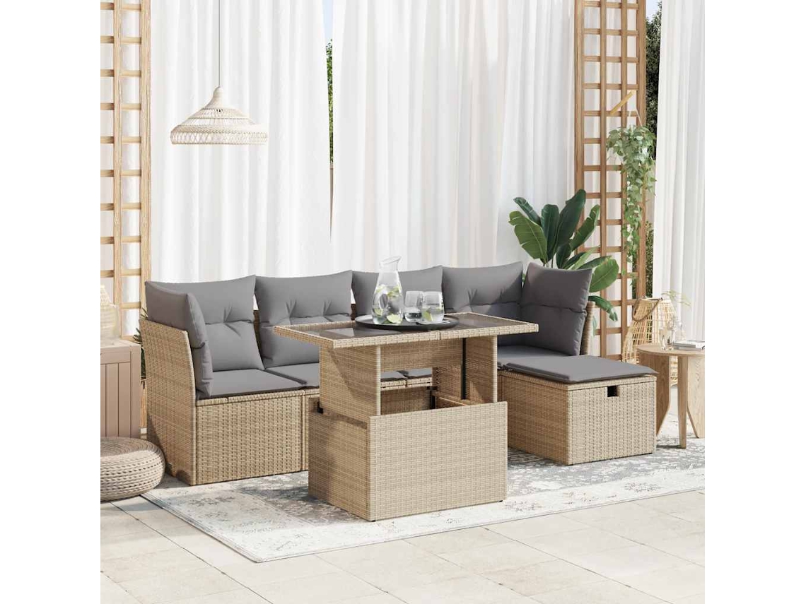 Vidaxl 6 Pcs Conjunto De Sofás P/ Jardim Com Almofadões Vime Pe Bege