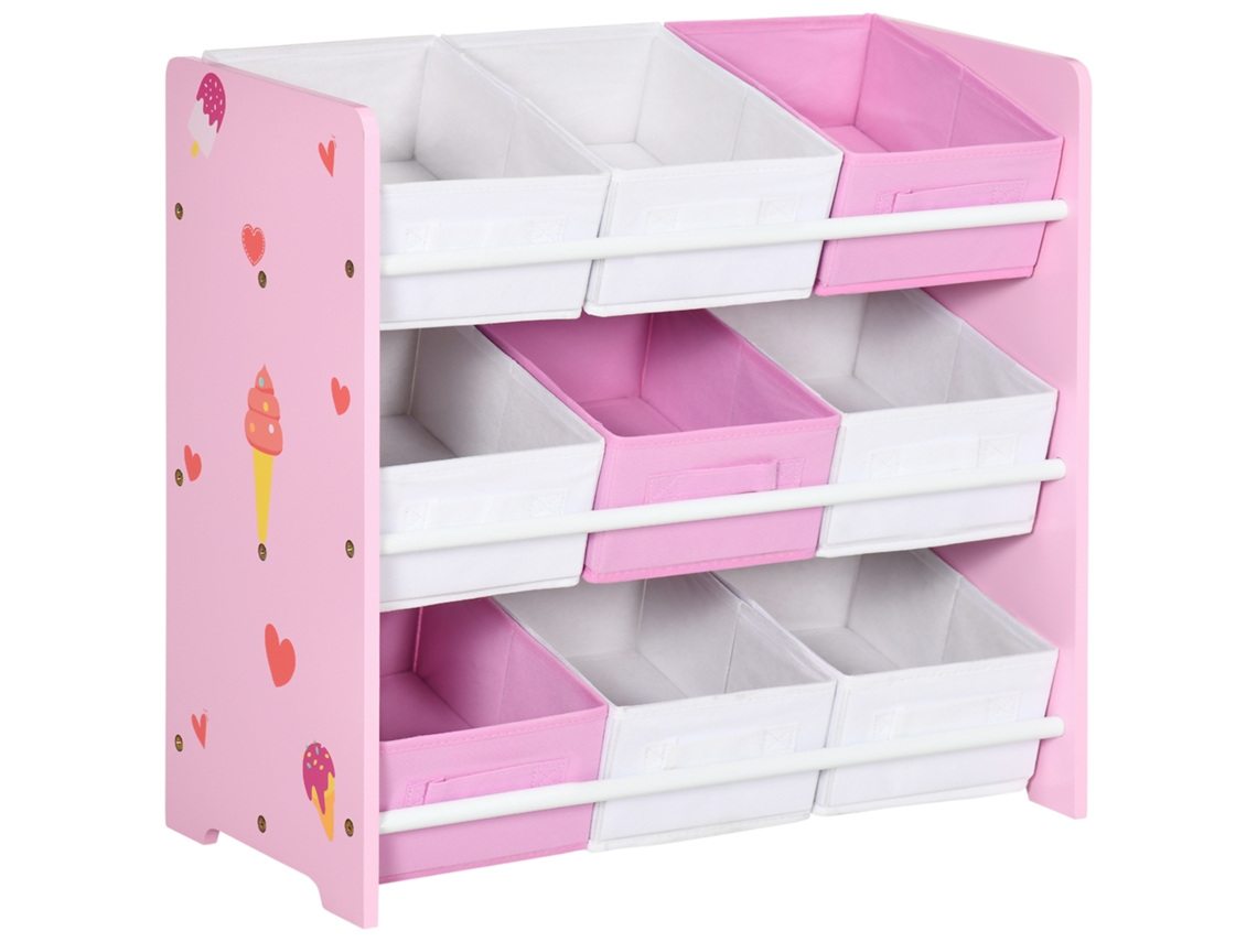 Armário de brinquedos infantil com 9 cestos removíveis, estrutura em MDF resistente, dimensões 63x30x60 cm, design rosa e branco
