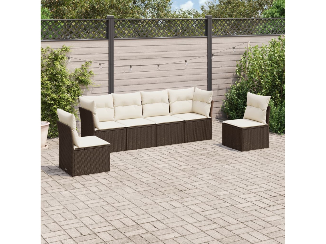6 Pcs Conjunto De Sofá Jardim C/ Almofadões Vime Pe Marrom Dkd Home Decor