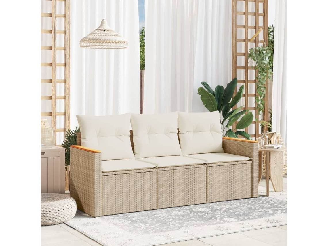 Vidaxl 3 Pcs Conjunto De Sofás P/ Jardim Com Almofadões Vime Pe Bege