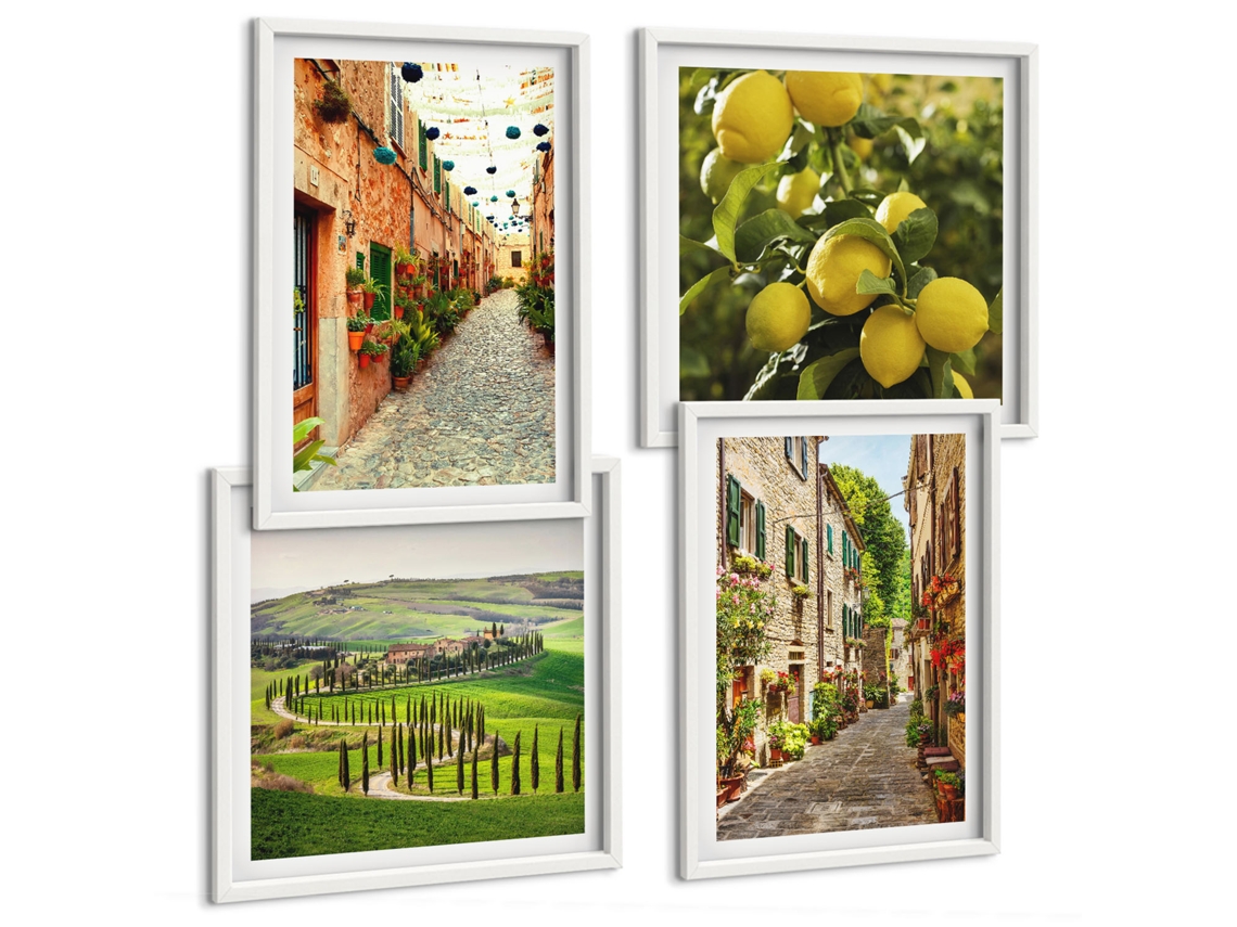 Galeria De Pinturas Murais Ruas Com Flores E Limão Moldura Branca Quadros Para A Sala De Estar Espelharte (conjunto De 4 Imagens)