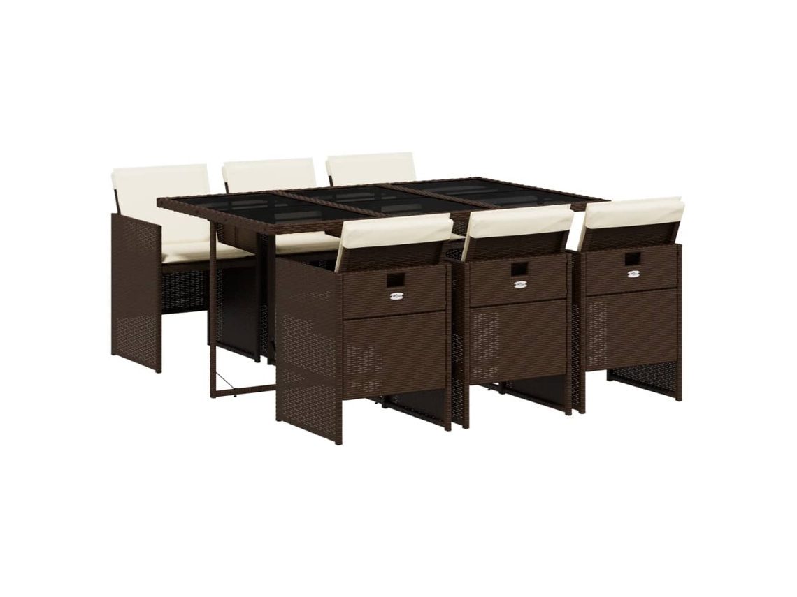 Conjunto 7 Jantar P/ Jardim C/ Almofadões Vidaxl Vime Pe Castanho