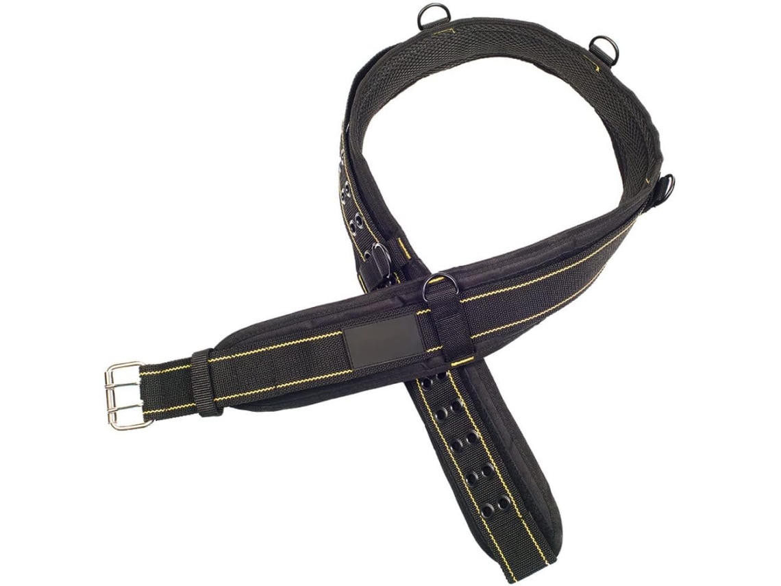 Cinto de ferramentas reforçado com cinco fechos de liberação rápida e bolsa para guardar, ideal para técnicos.