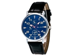 Relógio masculino de quartzo com pulseira de couro PU, caixa simples em liga metálica e mostrador redondo preto.