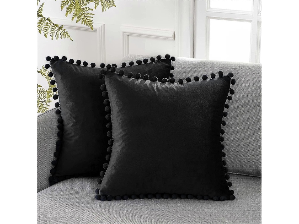 Capas De Almofada Decorativas Com Pompons, Veludo Macio, 18x18 Polegadas, Para Sofá, Quarto E Carro, Pacote Com 2, Preto