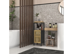 Móvel Baixo de Banheiro em Bambu com Armário 1 Porta Nicho Aberto 32 X 30 X 90,5 Cm, Preto e Madeira