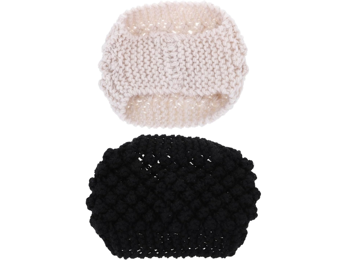 Conjunto De 2 Faixas De Cabeça Largas De Lã Tricotadas Para Proteção Das Orelhas, Nas Cores Preta E Cru.