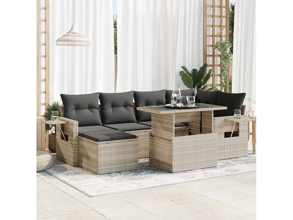 Vidaxl 7 Pcs Conj. Sofás Jardim Com Almofadões Vime Pe Cinzento-claro