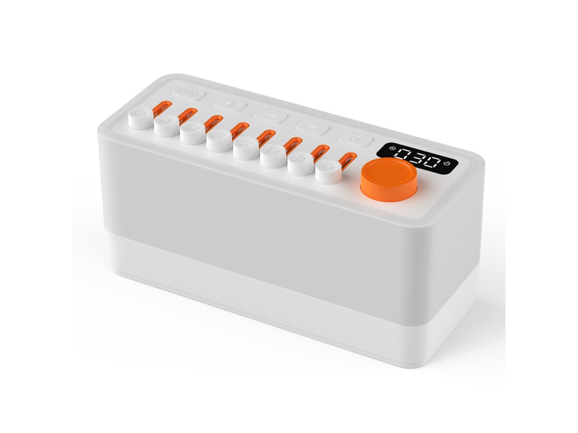 Este dispositivo auxiliar de som 3 em 1 inclui 8 sons da natureza combinados, um temporizador para dormir e exercícios de respiração.