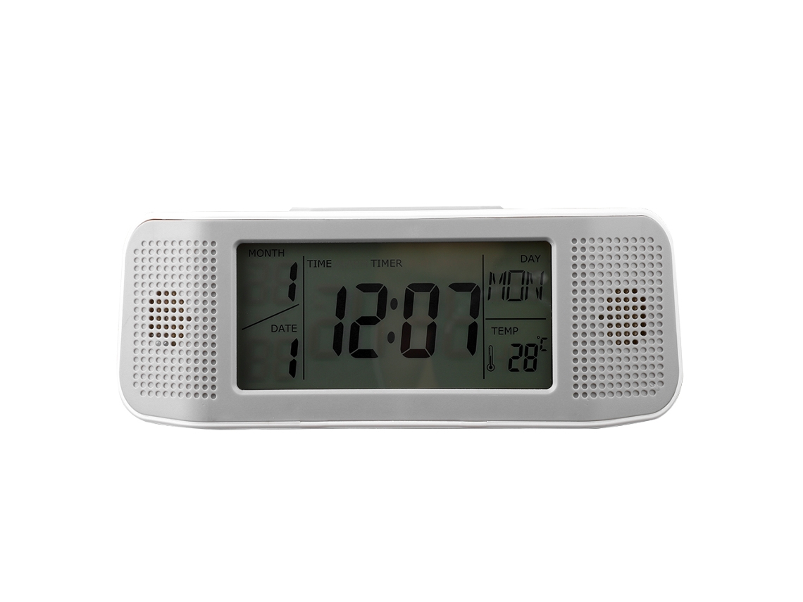 Relógio digital LCD com alarme, calendário multifuncional e controle de som (prata)
