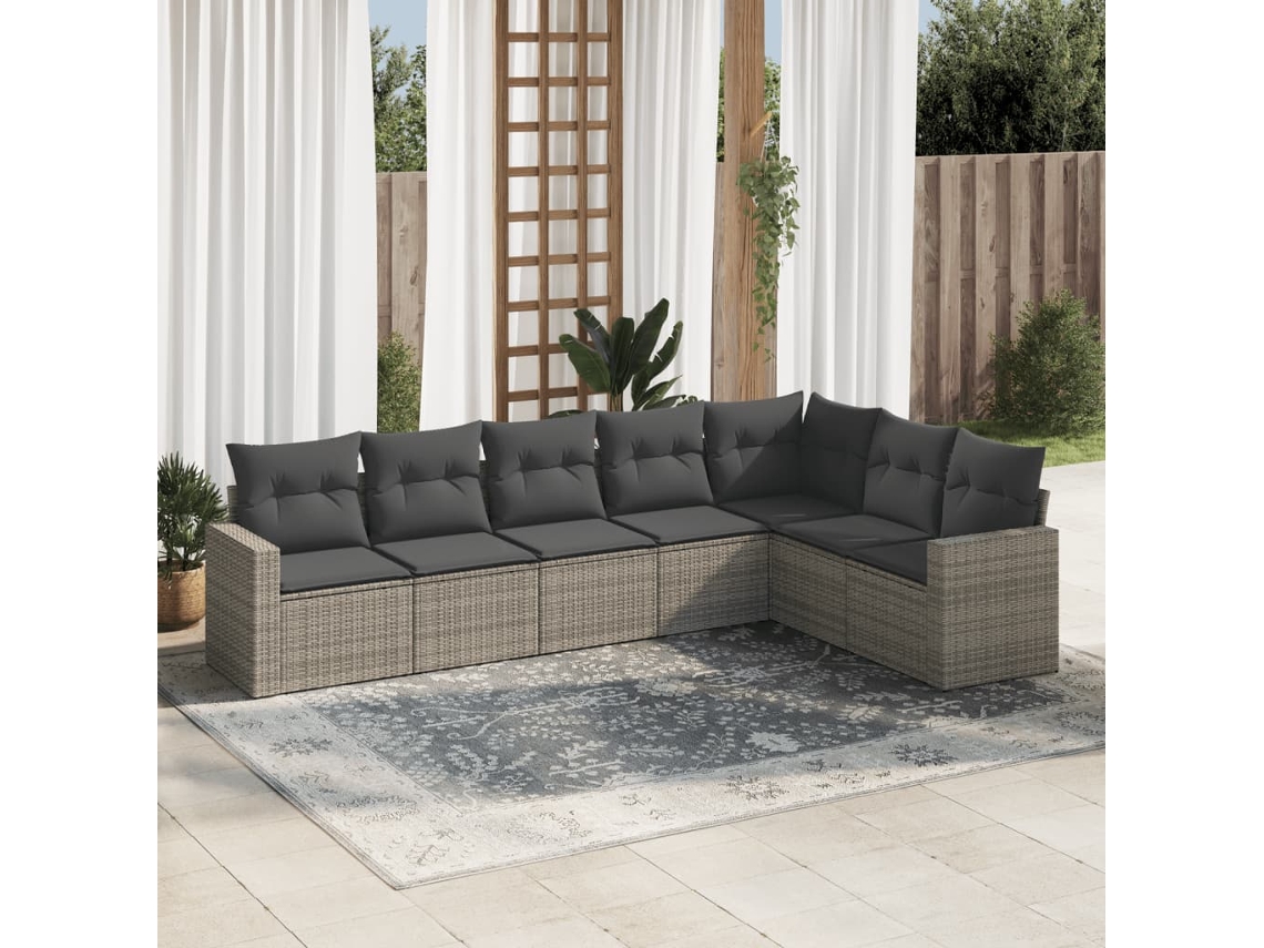 Vidaxl 7 Pcs Conjunto Sofás P/ Jardim C/ Almofadões Vime Pe Cinzento