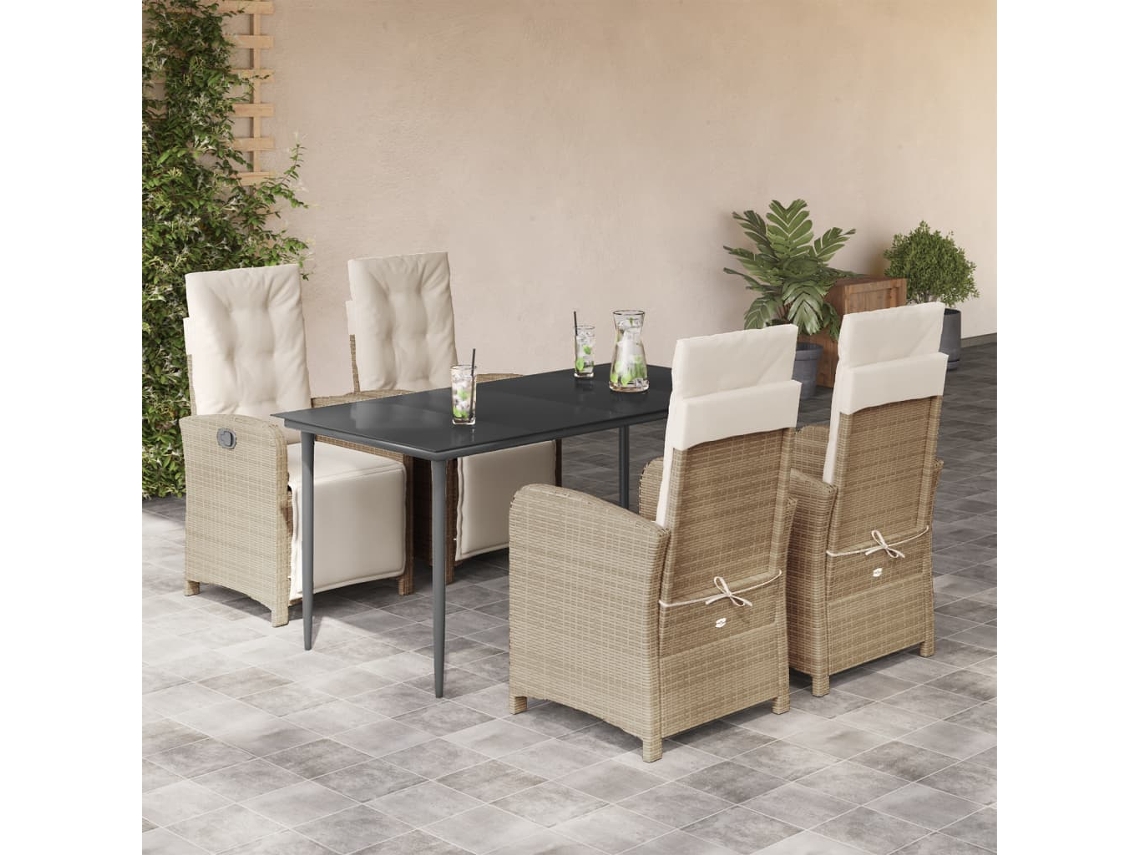 Vidaxl 5 Pcs Conjunto De Jantar P/ Jardim Com Almofadões Vime Pe Bege