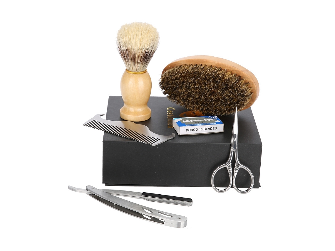 Kit De Cuidado Com A Barba 6 Peças: Escova, Pente, Tesoura, Porta-lâminas E Lâminas De Barbear
