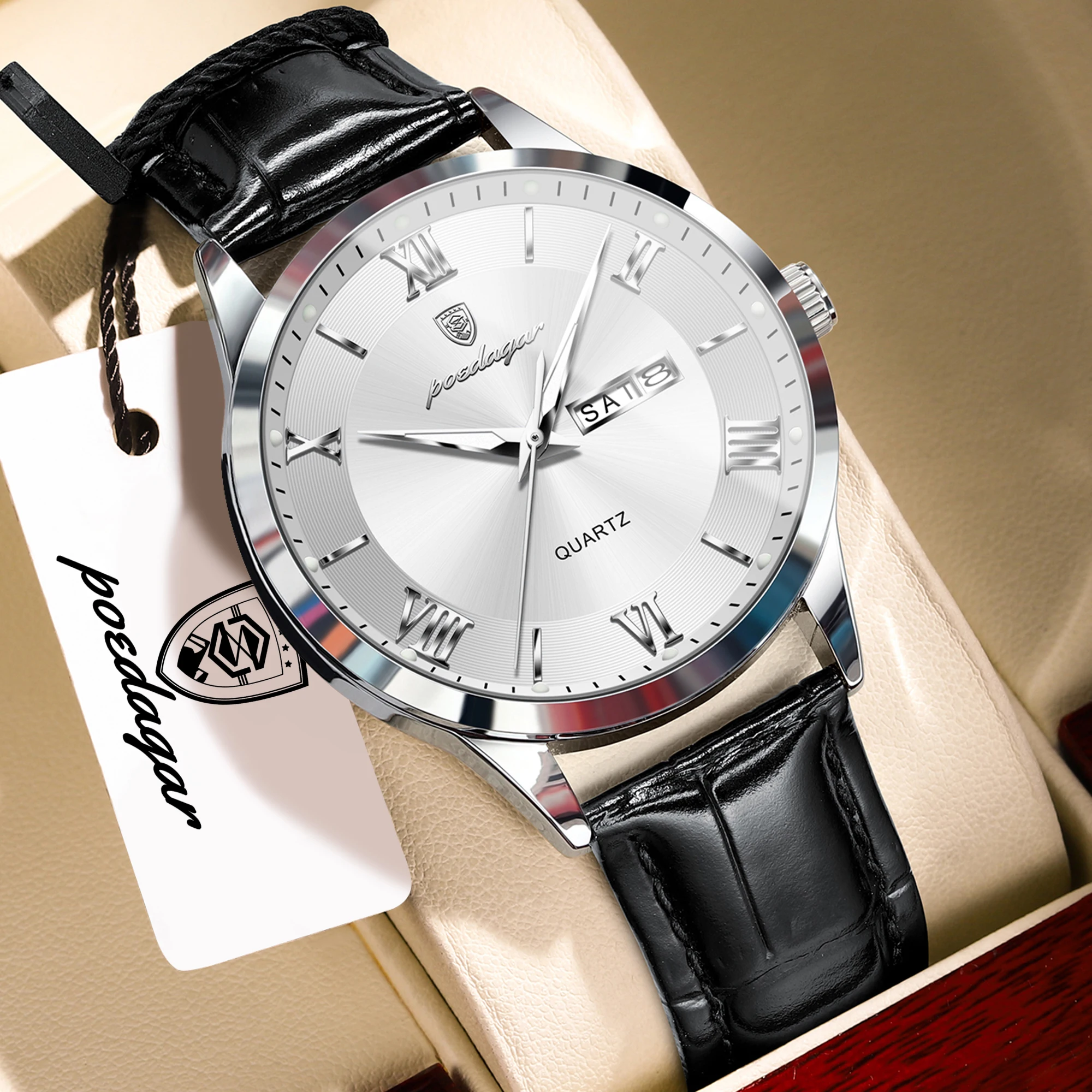 Relógio masculino de luxo (roxo e branco), pulseira de couro genuíno, à prova d'água e luminoso.