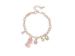 Pulseira Gato Com Opala Rosa E Strass Liga Zinco Feminina Elegante