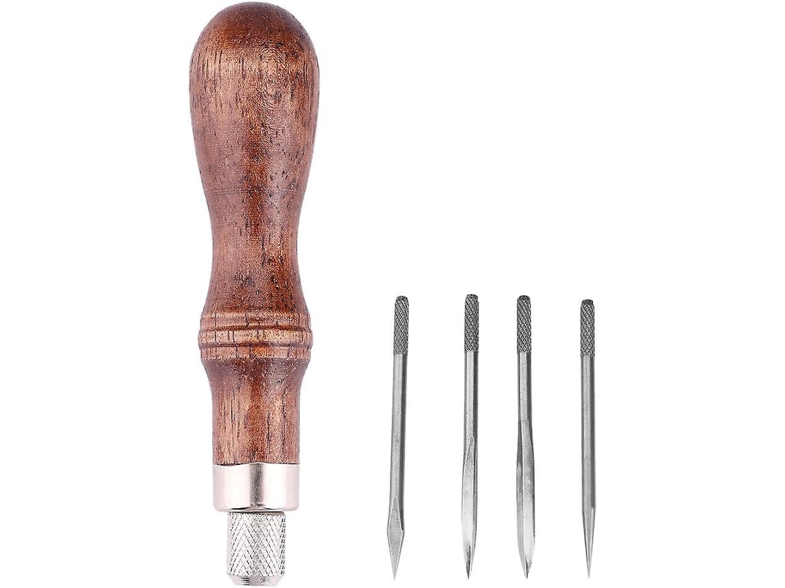 Perfurador E Agulha De Costura De Couro Com Cabo De Madeira 4 Em 1 Ferramenta Diy Para Artesanato De Couro