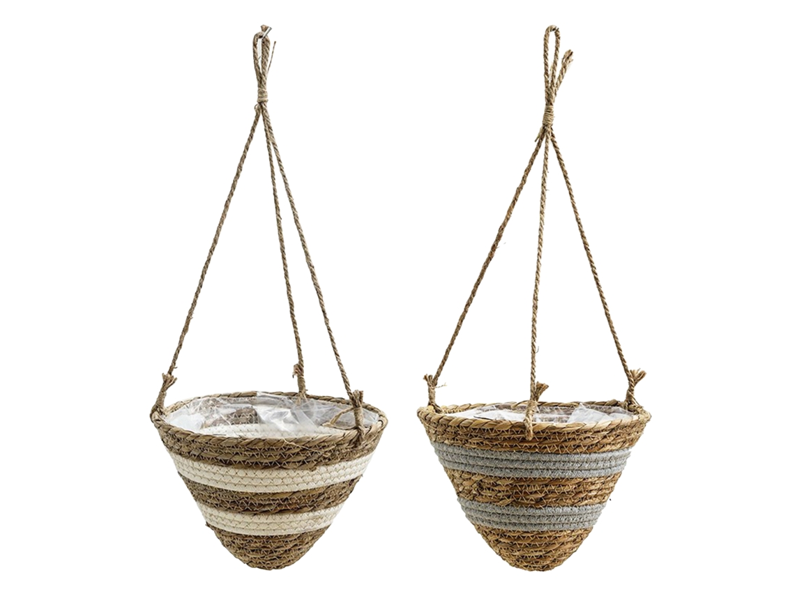 Vaso Pendente Cone Branco Cinza Corda Palha Tecida