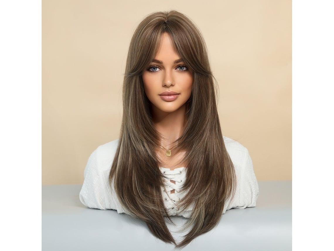 Peruca Longa De Cabelo Humano Com Franja E Touca De Peruca Sem Cola, Reta, Cacheada, Natural, Em Camadas, Perucas Sintéticas De 25 Polegadas