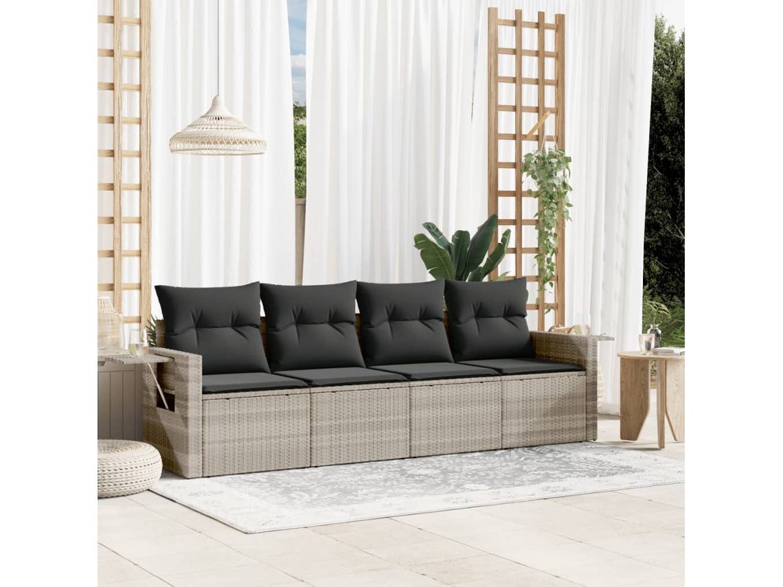 Vidaxl 4 Pcs Conj. Sofás Jardim C/ Almofadões Vime Pe Cinzento-claro