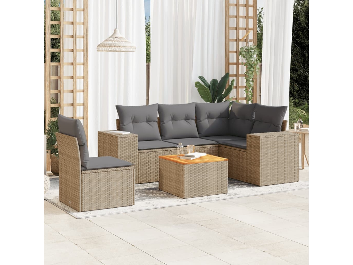 Vidaxl 6 Pcs Conjunto De Sofás P/ Jardim Com Almofadões Vime Pe Bege