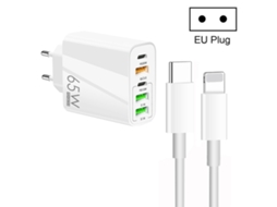 Carregador 65w Dual Pd Tipo C + 3 Usb multiporta com 3a Tipo C para Cabo de Dados de 8 Pinos, plugue UE branco XIAOMOYU