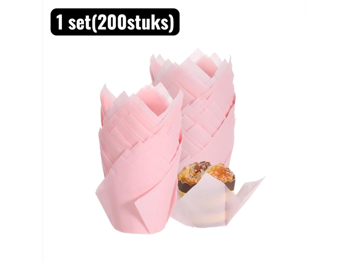 Conjunto 200 Forminhas De Cupcake Tulipa Rosa Grau Alimentício, Resistentes Ao Calor E Óleo Para Doces
