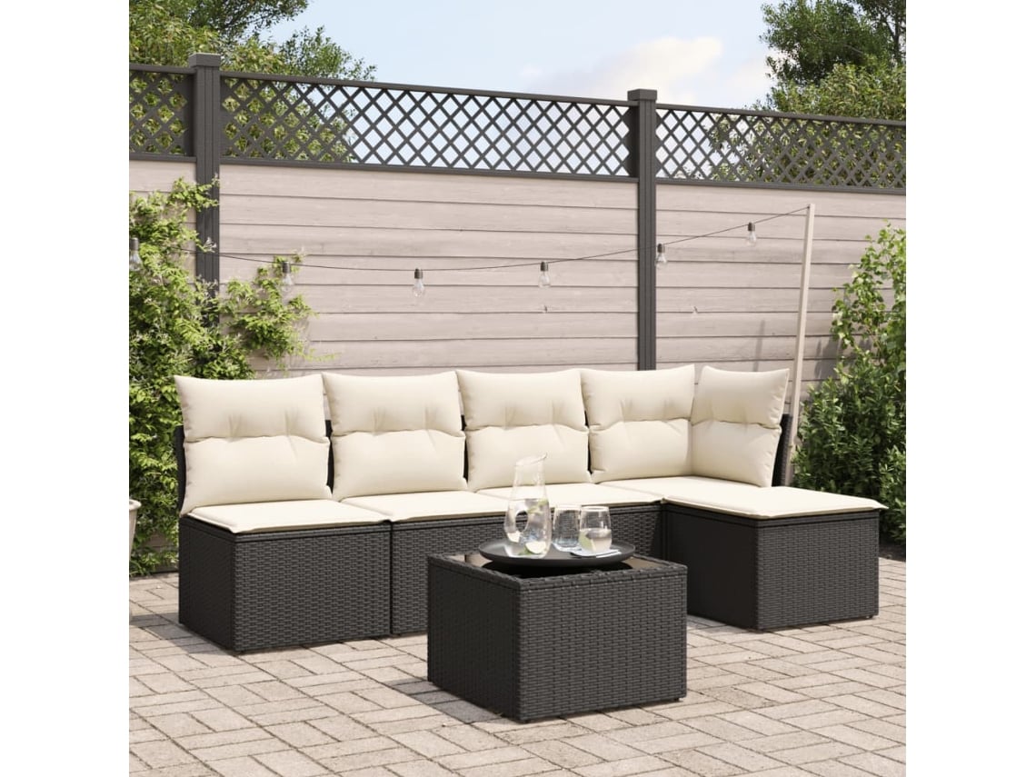 6 Pcs Conjunto de Móveis de Jardim - Conjunto Sofás de Jardim C/ Almofadões Vime Pe Preto HARLANV1