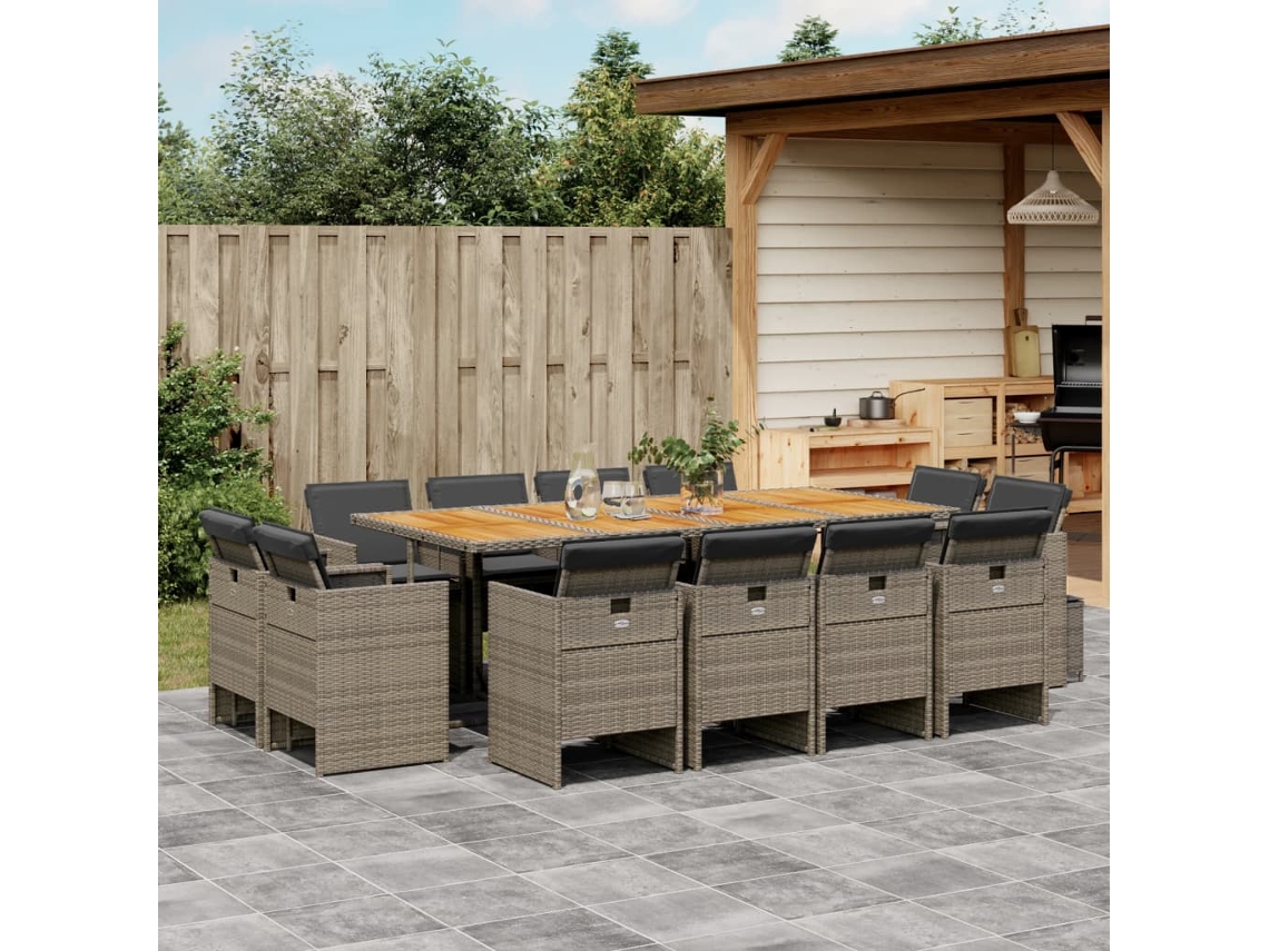 13 Pcs Conjunto Jantar P/ Jardim C/ Almofadões Vime Pe Cinza Dkd Home Decor