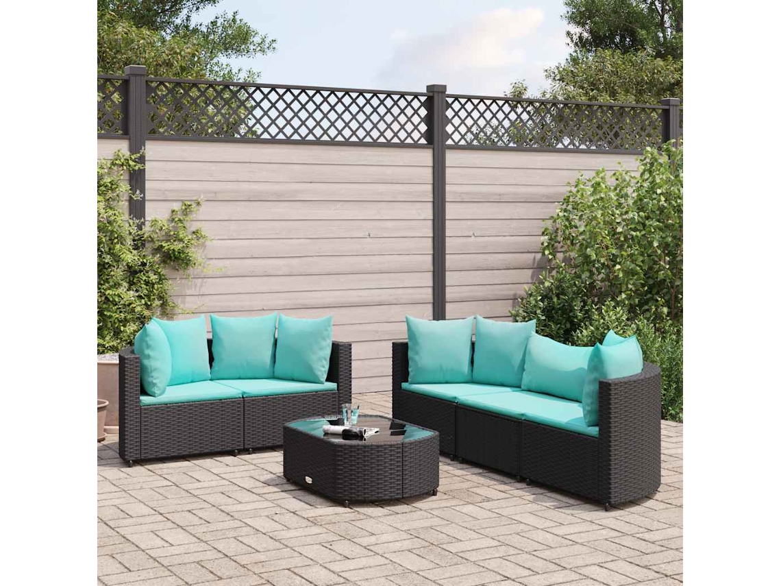 Vidaxl 6 Pcs Conjunto Sofás De Jardim C/ Almofadões Vime Pe Preto