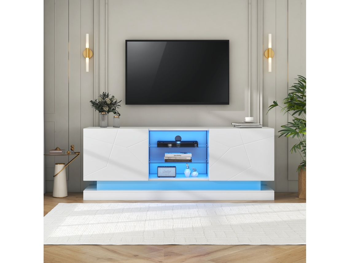 Suporte de TV moderno com LEDs coloridos para TVs de 70 polegadas, 2 portas, 3 prateleiras, estilo branco