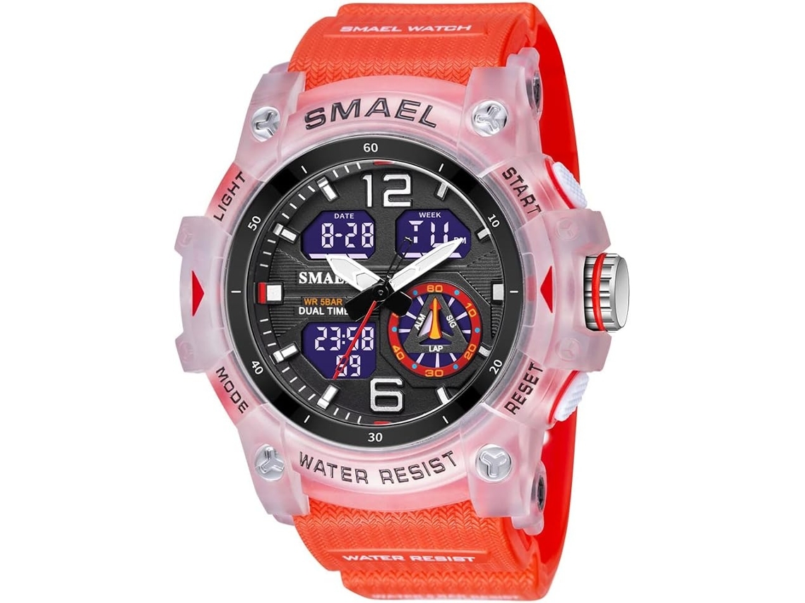 Lurelia Relógio Digital Desportivo, Visor Digital, Cronómetro, Alarme, Data/calendário, 12/24h, Luminoso, Duplo Fuso/mostrador, Pele, Vermelho