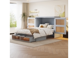 Cama De Parede 140x200 Cm, Schrankbett Vertical Com Estrado, Gavetas De Armazenamento, Estilo Rattan, Cama De Madeira Para Jovens, Cinza
