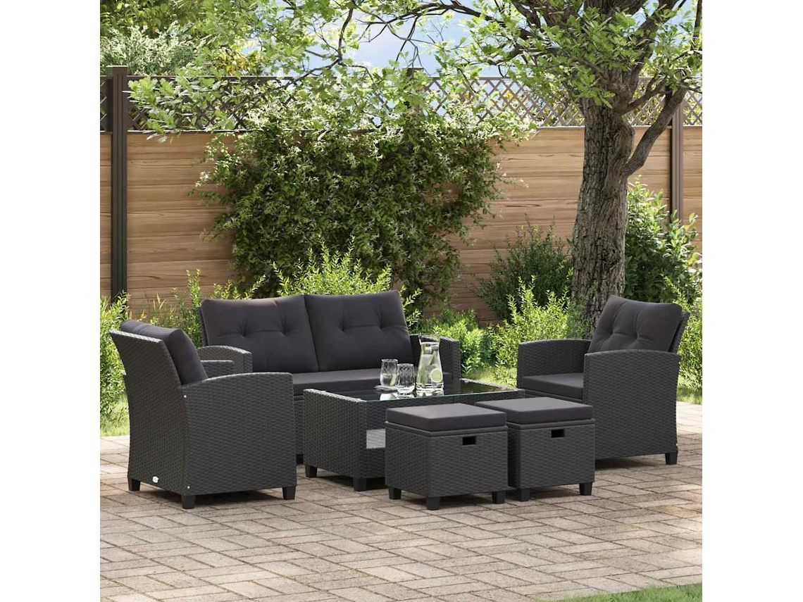 Vidaxl 6 Pcs Conjunto Sofás De Jardim C/ Almofadões Vime Pe Preto