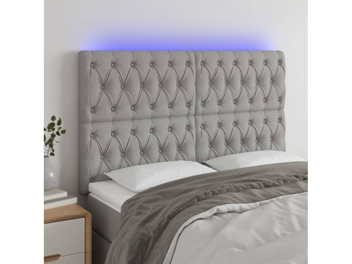 Cabecero con luces LED, tela, 160x7x118/128cm, gris claro