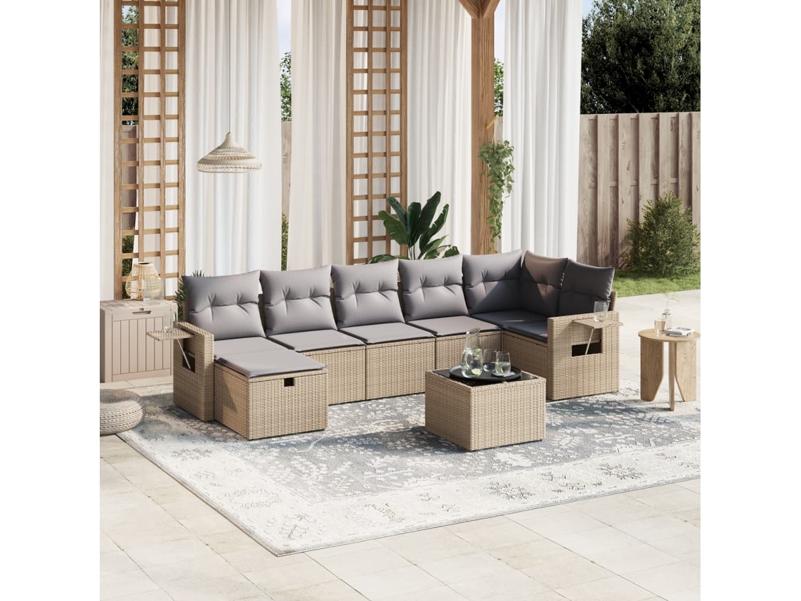 Vidaxl 8 Pcs Conj. Sofás Jardim C/ Almofadões Vime Pe Bege Misturado
