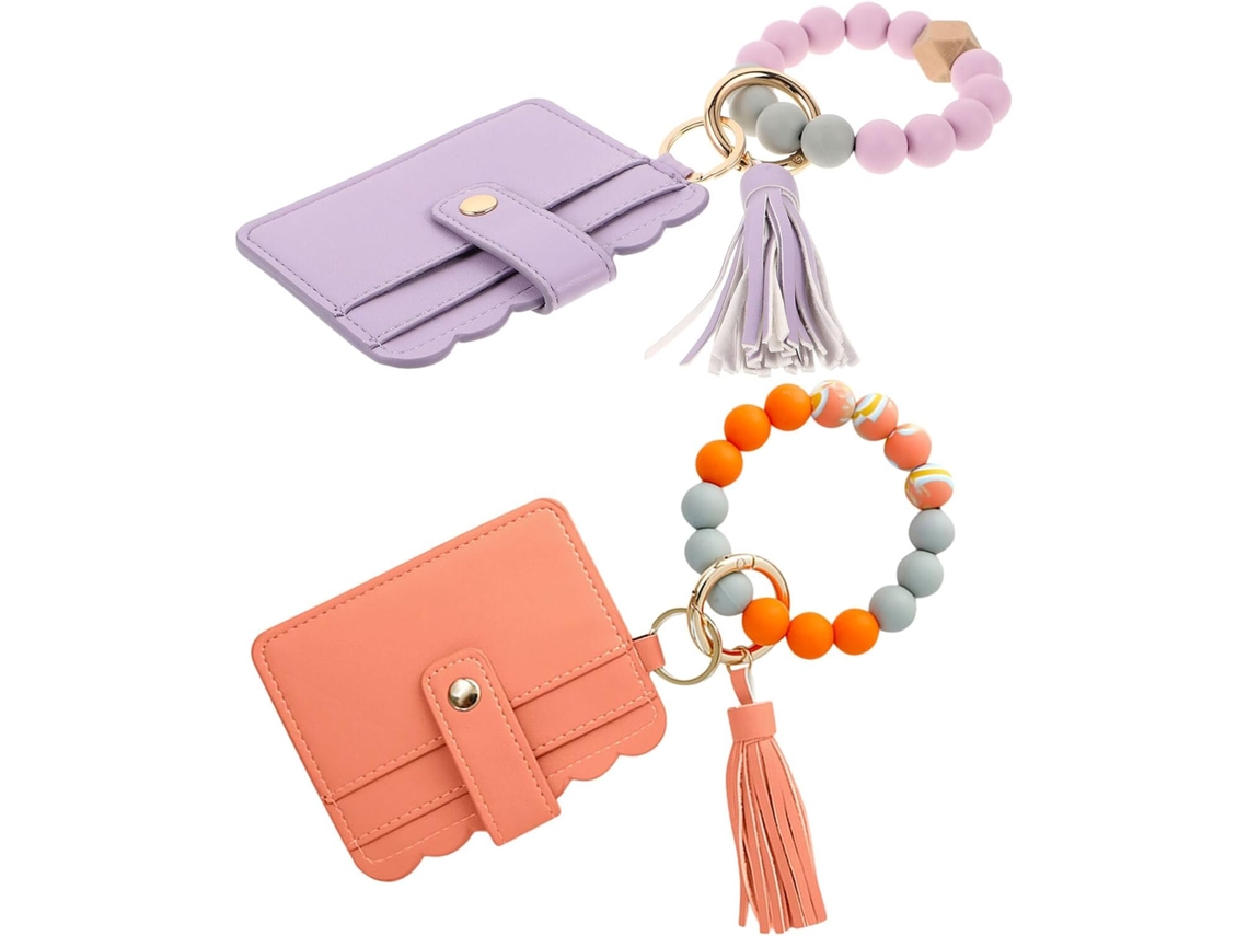 De 2 Chaveiros De Pulseira Com Contas Para Mulheres, Porta-cartões Fino Em Pu, Chaveiro Com Pingente De Metal